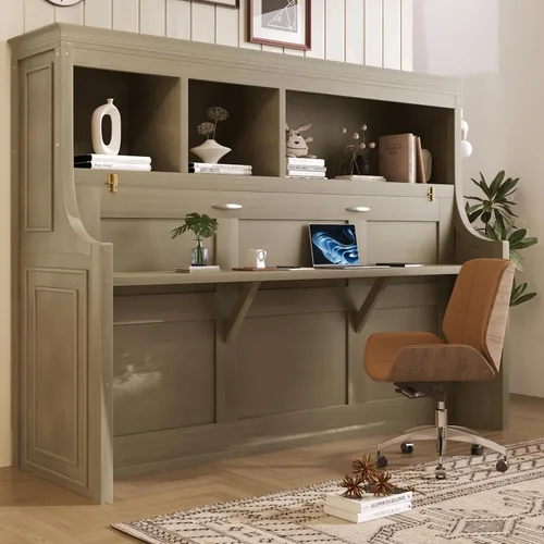 Vista 16 de Cama Murphy de tamaño matrimonial con estación de carga, marco de cama de pared de madera que ahorra espacio se puede plegar, armario de cama cubo