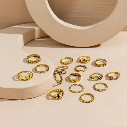 Vista 2 de Juego de 22 anillos dorados vintage para nudillos para mujer, anillos bohemios apilables, diseño hueco, ajustable, paquete de anillos para mujer