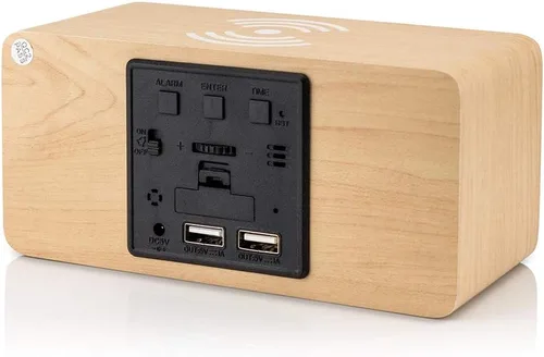 Vista 3 de OCT17 Reloj despertador con almohadilla de carga inalámbrica Qi, compatible con iPhone, Samsung, reloj digital LED de madera, función de control