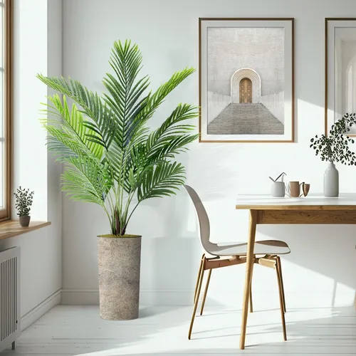 Vista 6 de Árbol artificial en maceta de diseño opcional, palmera tropical areca falsa de seda para decoración del hogar en interiores y exteriores, altura
