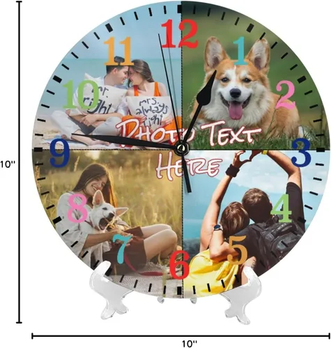Vista 8 de Reloj personalizado personalizado relojes de pared personalizados tus 4 fotos nombre de texto silencioso 10 pulgadas, PVC, placa de marcación