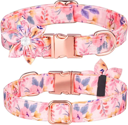 Vista 4 de Collar de cachorro con patrón floral, bonito collar de perro con flor de diamantes de imitación desmontable para perras (S, azul)