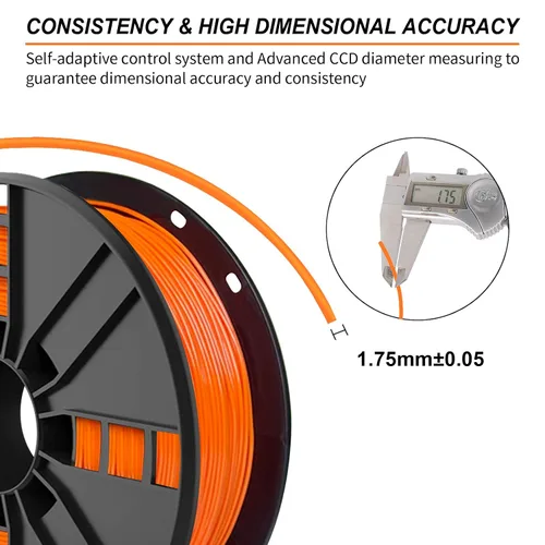 Vista 4 de Filamento TPU de 1.75mm, naranja flexible, bobina de 2.0lbs, precisión dimensional +/- 0.05mm, TPU blando 95A