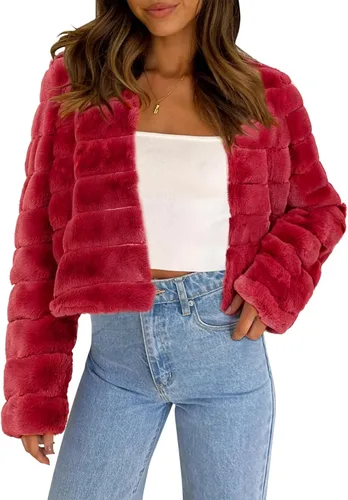 Vista 18 de Allegra K Abrigo chaqueta de piel sintética para mujer de manga larga recortado esponjoso sin cuello casual cálido de invierno ropa exterior