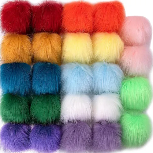 Vista 11 de SIQUK 24 Piezas de Bolas de Pompón de Pelo Sintético Negro con Lazo Elástico, Pompones Esponjosos de Pelo de Zorro Sintético para Gorros, Bonés