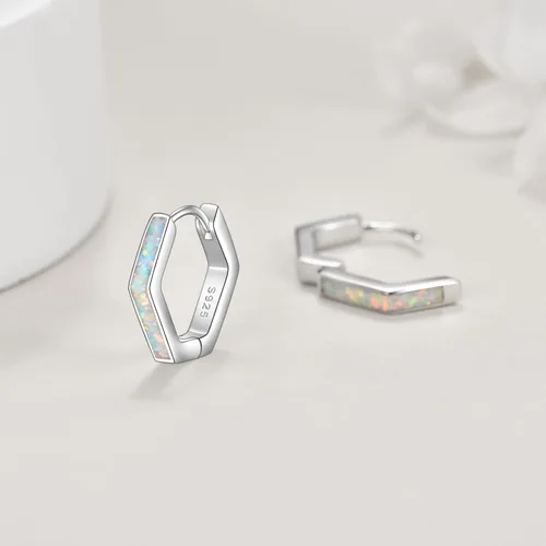 Vista 4 de Aretes de ópalo de plata de ley 925 geométrica hexagonalestrellaclip de papel, aretes de aro blanco ópaloconcha de abulón, regalo para mujeres