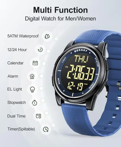 Vista 86 de Beeasy - Reloj digital de pulsera resistente al agua con cronómetro, alarma, cuenta regresiva, doble zona horaria, ultrafino, pantalla angular muy