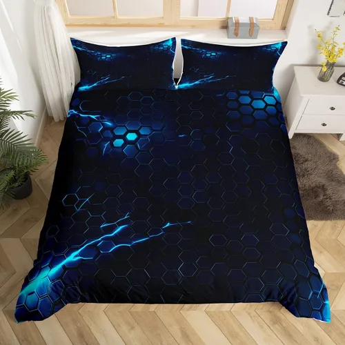 Vista 24 de Juego de ropa de cama geométrica de panal verde y azul, funda de edredón hexagonal estereoscópica para niños y niñas, funda de edredón hexagonal