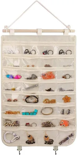 Vista 12 de BB Brotrade Organizador colgante de joyas, organizador de accesorios, organizador de 80 bolsillos para guardar joyas (beige)