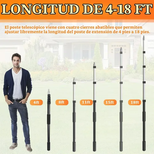 Vista 3 de Poste de extensión telescópico de 4-18 pies con punta de metal universal Negro
