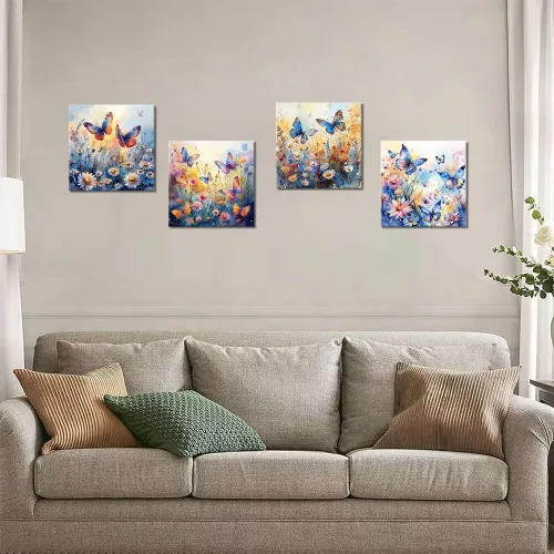 Vista 108 de Wall HDQ Arte de pared de flores para baño, dormitorio, sala de estar, decoración de pared azul y naranja, pintura floral, lienzo impreso, imagen