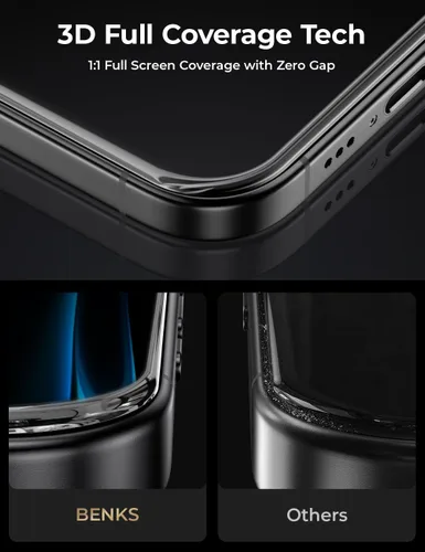 Vista 4 de BENKS GlassWarrior - Protector de pantalla de zafiro para iPhone 17 Pro de 6.3 pulgadas, vidrio templado curvado 3D de cobertura completa, claridad