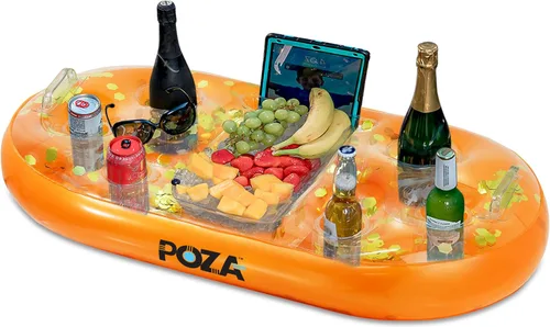 Vista 13 de POZA Hielera flotante inflable dorada – Lujoso soporte para bebidas relleno de confeti brillante, flotador de fiesta premium con 8 soportes, barra