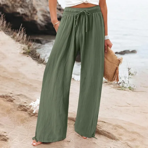 Vista 3 de Pantalones de lino para mujer, de verano, de cintura alta, pierna ancha, casuales, cintura elástica, pantalones palazzo, pantalones de playa