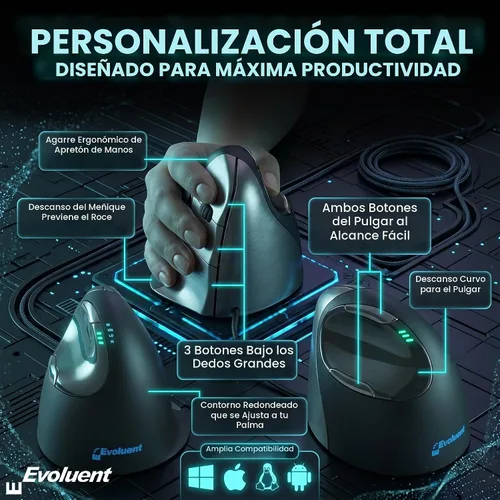 Vista 2 de Evoluent VerticalMouse 4 (modelo # VM4R) mouse de tamaño estándar para diestros (alimentación USB)