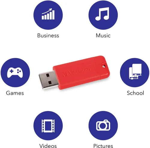 Vista 3 de Verbatim Unidad flash USB 3.0 retráctil de 16 GB a rayas, paquete de 5 unidades multicolor (verde, azul, rojo, morado, cian)