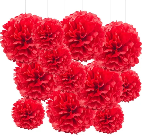 Vista 5 de GAKA Pompones de papel de seda rosa intenso (rojo rosa), rosa y naranja, decoraciones para fiestas, flores de seda colgantes de 10 y 12 pulgadas, 12
