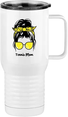 Vista 13 de Just So Posh Vaso de béisbol para mamá, taza de café de viaje con asa y tapa deslizante, color blanco de 20 onzas, color camello polar, acero