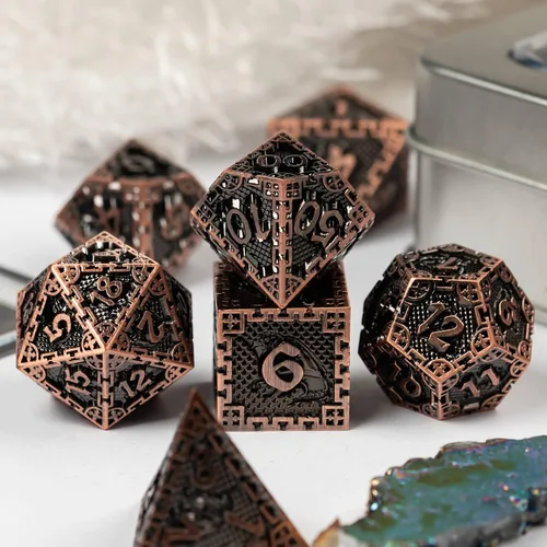 Vista 3 de UDIXI Juego de dados de metal de 7 troqueles, juego de dados poliédricos DND para juegos de rol y otros juegos de mesa (cobre antiguo)