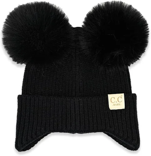 Vista 3 de C.C Gorro de Bebé con Doble Pompón de Piel con Orejeras para Niños y Niñas - Gorro de Punto Skully Cómodo, Suave y Cálido para Bebés, Niños Pequeños
