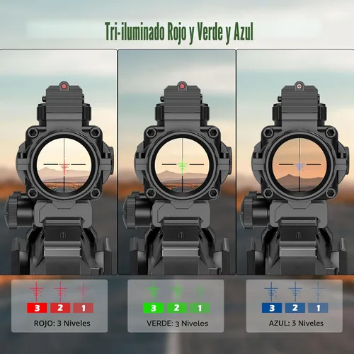 Vista 3 de UUQ Prism 4x32 Red/Green/Blue Triple Illuminated Rapid Range Reticle Rifle Scope W/Top Fiber Optic Sight and Weaver Slots