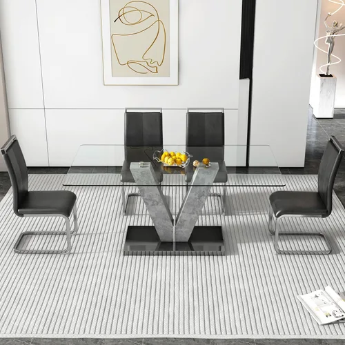 Vista 32 de Juego de mesa de comedor de cristal de 71 pulgadas para 4, juego de mesa de cocina moderno para 4, juego de mesa de comedor para el hogar