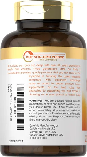 Vista 3 de Carlyle Vitamina C 1000mg con Bioflavonoides 250 Comprimidos con Escaramujo Suplemento Vegetariano, Sin OMG, Sin Gluten