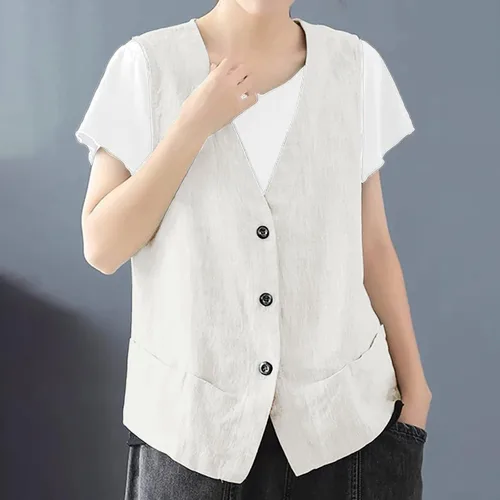 Vista 2 de COTECRAM Chaleco de lino de algodón para mujer, casual, sin mangas, con botones, ligero, para verano, holgado, ropa de abrigo