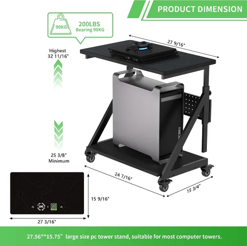 Vista 6 de Soporte de carro de torre de computadora ajustable en altura, mesa de pie para computadora portátil, soporte de impresora con ruedas bloqueables