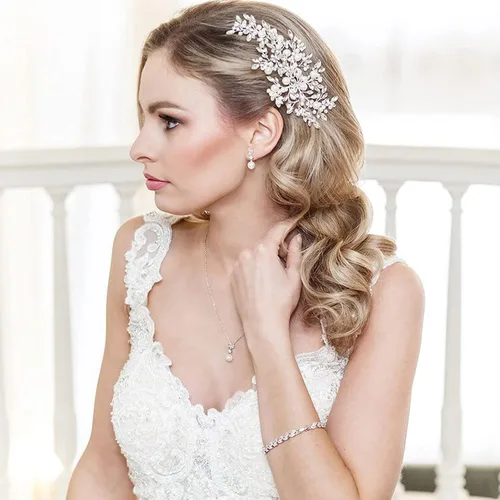 Vista 8 de Joyas de boda para novia, dama de honor, aretes colgantes de perlas y collar colgante, joyería de novia para promesas, bodas y fiestas, Metal