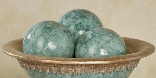 Vista 2 de Cambria Aqua - Bolas esféricas marmoladas de 4 pulgadas de diámetro para centro de mesa, cuenco y bandeja, juego de tres orbes solamente Cinnabar