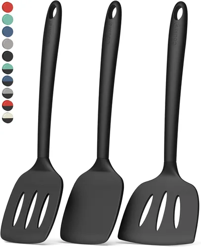 Vista 14 de Coukre Juego de 3 espátulas de silicona, resistentes a altas temperaturas, sin BPA, espátulas para pescado, mango sólido y ranurado para sartenes