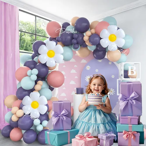 Vista 6 de Pateeha Kit de arco de globos de margaritas de 12 pies, decoración de cumpleaños azul, 3 globos de papel de aluminio, guirnalda de globos