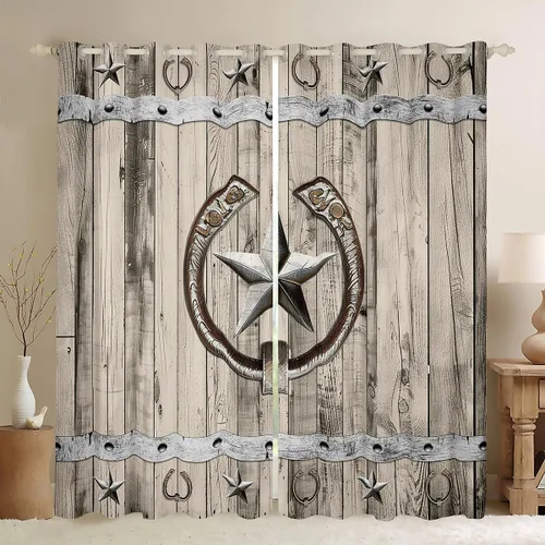 Vista 11 de Cortinas de ventana de herradura con estrellas de Texas, cortinas de granero de madera rústicas occidentales, 38 pulgadas de ancho x 45 pulgadas
