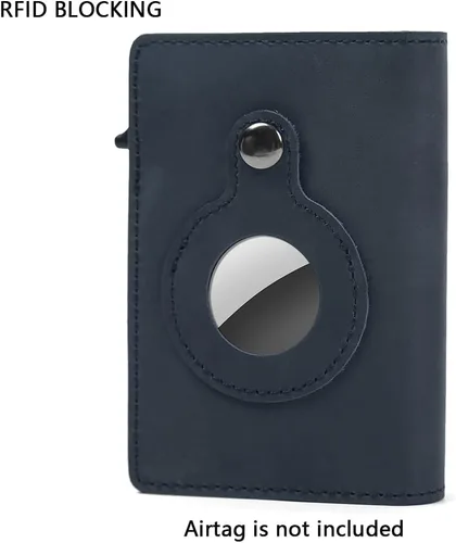 Vista 3 de Cartera delgada para Air Tag Cartera de cuero genuino RFID para tarjetas de crédito y dinero, mini cartera de aluminio desplegable automática