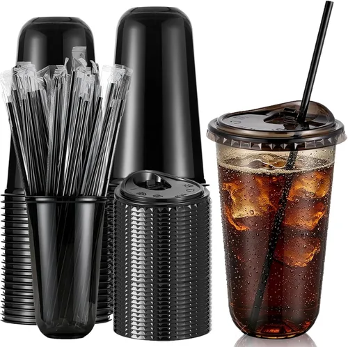 Vista 15 de Ziliny Paquete de 50 vasos de plástico transparente negro de 12 onzas con tapas y popotes, vasos desechables para mascotas, taza de café helado
