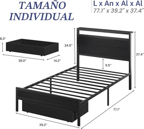 Vista 2 de Fluest - Base de cama individual con cabecero de almacenamiento y cajón de almacenamiento, estación de carga y luz LED, no necesita somier, sin