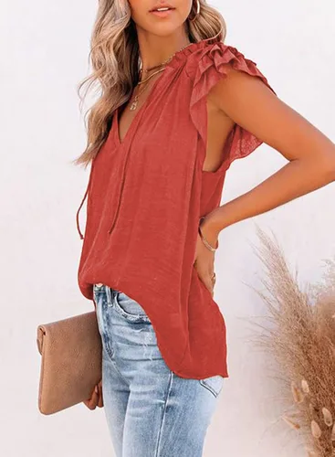 Vista 3 de Dokotto - Blusas informales con cuello en V para mujer diseño de manga corta con cordón ajustable