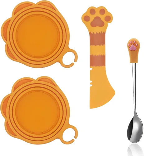 Vista 12 de SJANE Cucharas y tapas de latas de comida para gatos 4 piezas Abridor colorido multifunción con forma de pata Fundas universales de silicona