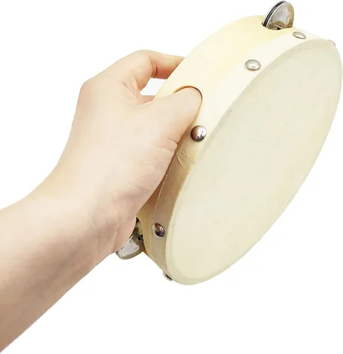 Vista 4 de Tosnail Paquete de 2 unidades de tambor de mano de pandereta de madera de 7 pulgadas, una fila 5 pares de jingles de metal, instrumentos musicales