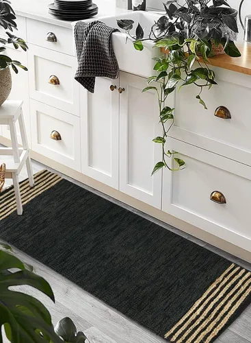 Vista 8 de GRUHUM - Alfombra de yute de cuero negro de 2 pies 6 pulgadas x 10 pies, trenzado a mano natural Leather Cotton & Jute Boho Vintage Rustic Pet Kid