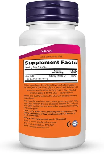 Vista 2 de NOW Foods - Vitamina D-3 2000 UI de alta potencia, soporte estructural* 360 cápsulas blandas