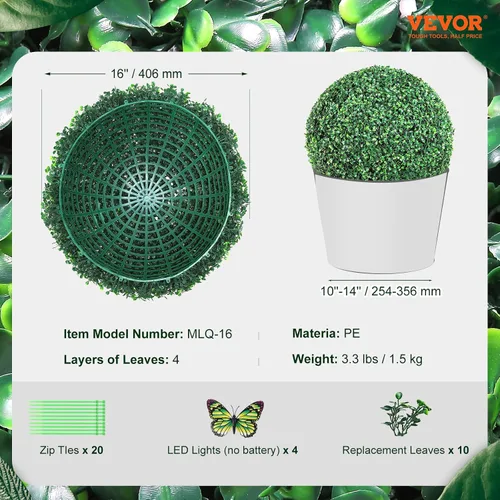 Vista 8 de VEVOR 2 bolas artificiales de 16 pulgadas, bolas de boj de imitación de 4 capas, bolas decorativas de plantas sintéticas verdes para todo el año