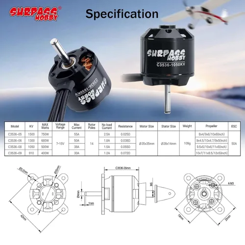 Vista 3 de Surpass Hobby C3536 1050KV Motor sin escobillas para aviones RC Ala fija