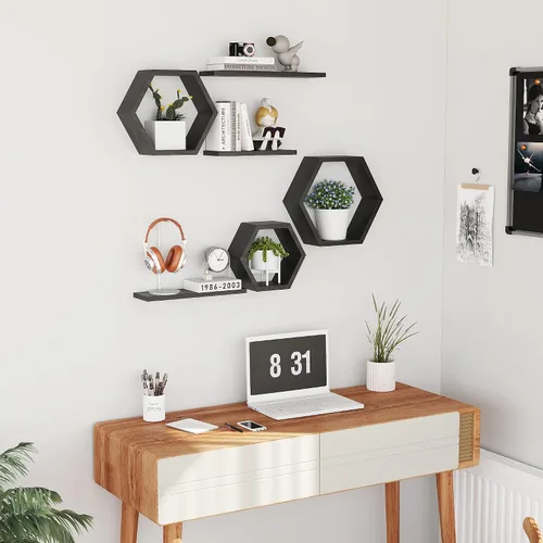 Vista 4 de Estantes flotantes hexagonales de madera para montar en la pared, juego de 6 estantes hexagonales de madera de pino para fotos, plantas, estantes