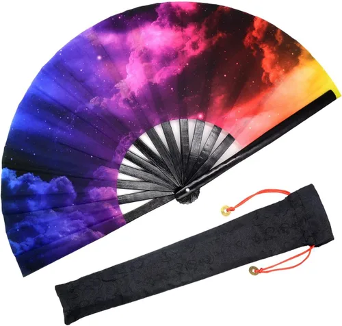 Vista 16 de OMyTea Rave Clack - Ventilador de mano para hombres y mujeres – Ventilador de mano plegable de bambú chino japonés – para EDM, festival de música