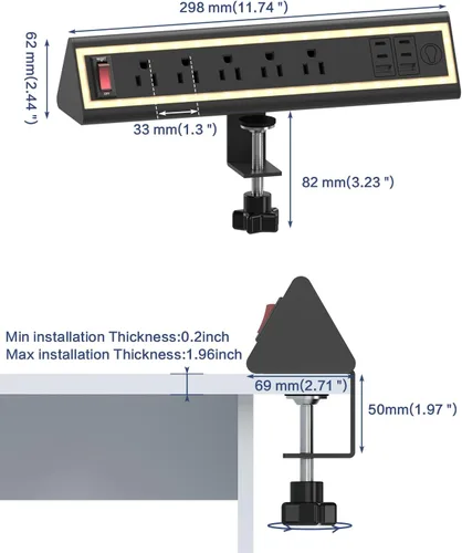 Vista 7 de Regleta de alimentación con abrazadera de escritorio con luz nocturna, carga rápida de 40 W, cable de extensión de 6 pies, USB-C de 4 x 20 W y 2