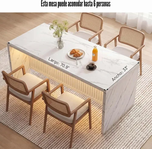 Vista 8 de Mesa de comedor grande de mármol sintético de 71 pulgadas para 4-6 personas, isla de cocina moderna con luces LED, mesa de comedor rectangular