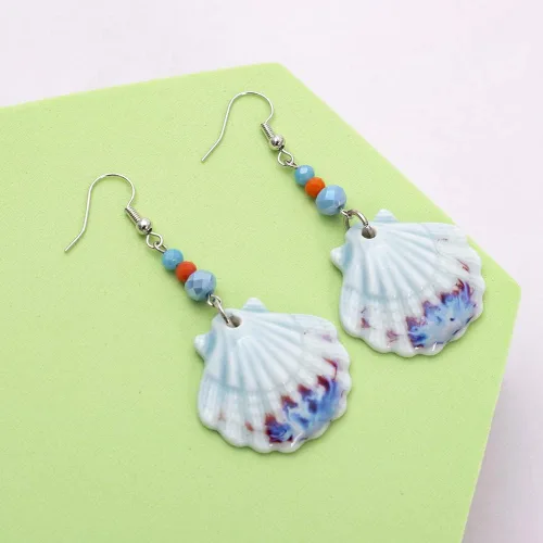 Vista 7 de Aretes colgantes de porcelana con concha de mar para mujer, delicados aretes largos de onda oceánica azul y blanco, aretes colgantes largos, hechos