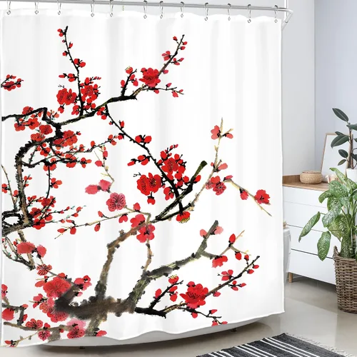 Vista 5 de Cortina de ducha floral roja para baño, 60 pulgadas de ancho x 72 pulgadas de largo, flor de cerezo, ciruela, estética asiática, japonesa, acuarela